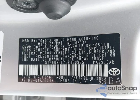 2014 Toyota Corolla Le из США, поврежденный, VIN 5YFBURHE7EP160925